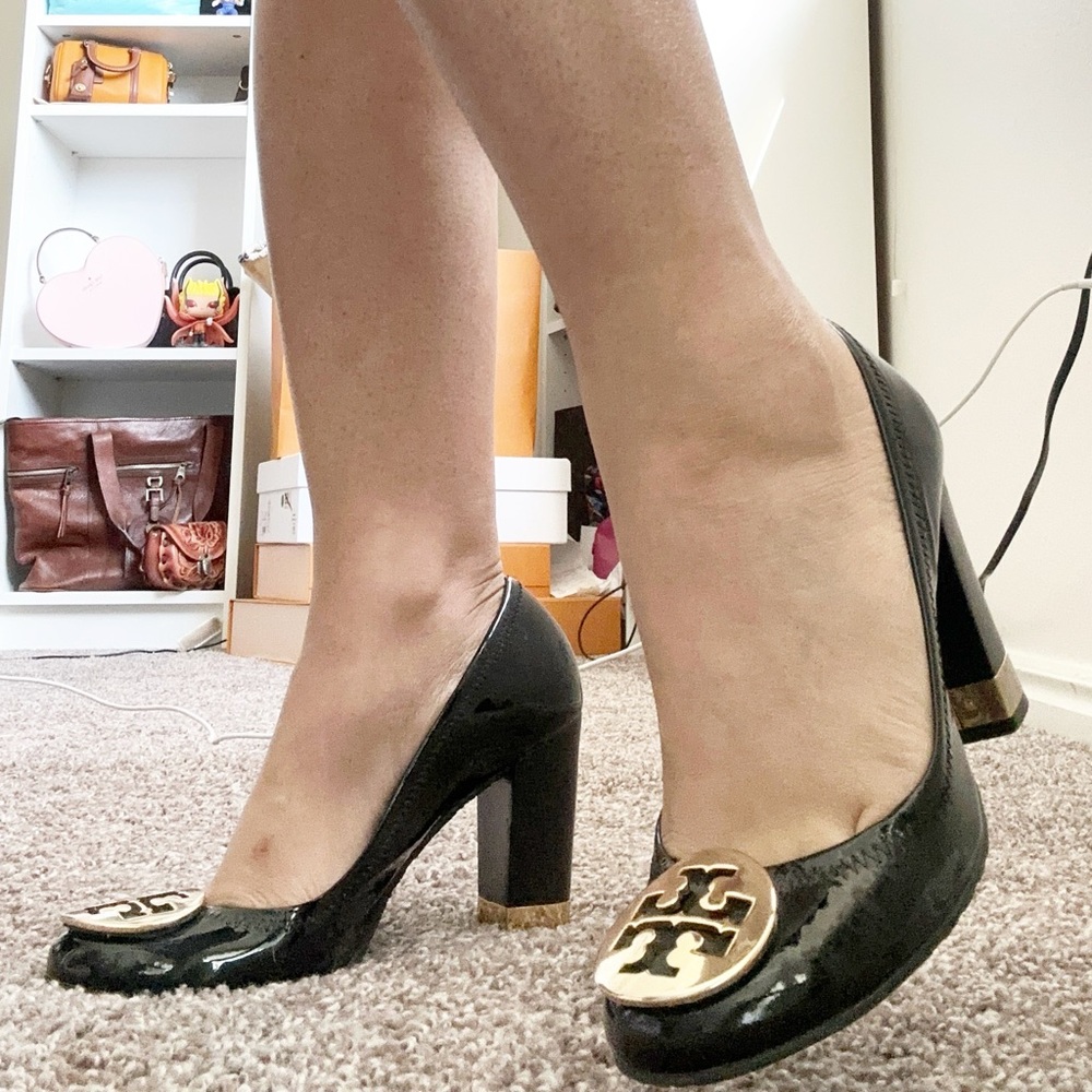 Tory Burch Black Patent Block Heel Pumps with Gold Logo Accent